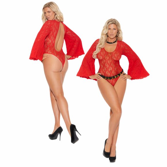 Plus Size Red Lace Teddy Bell Sleeves Keyhole Back - Picture 2 of 5